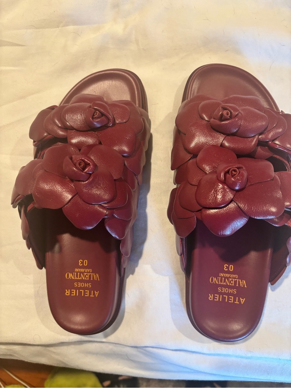 Valentino Garavani Burgundy Leather Floral Slide Sandals